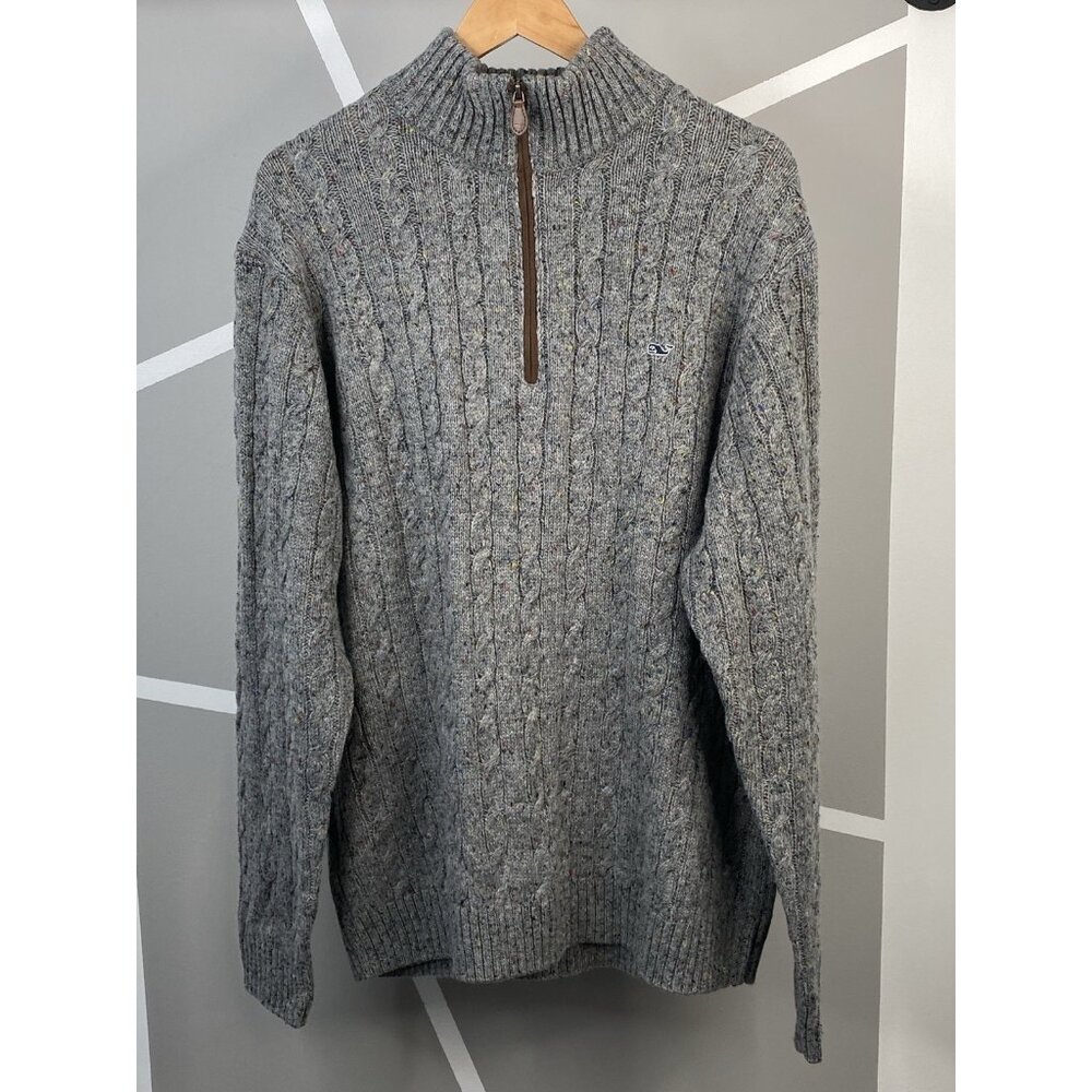 Vineyard Vines Sweater Mens XXL Quarter Zip Cable Knit Wool Blend Flecked Gray